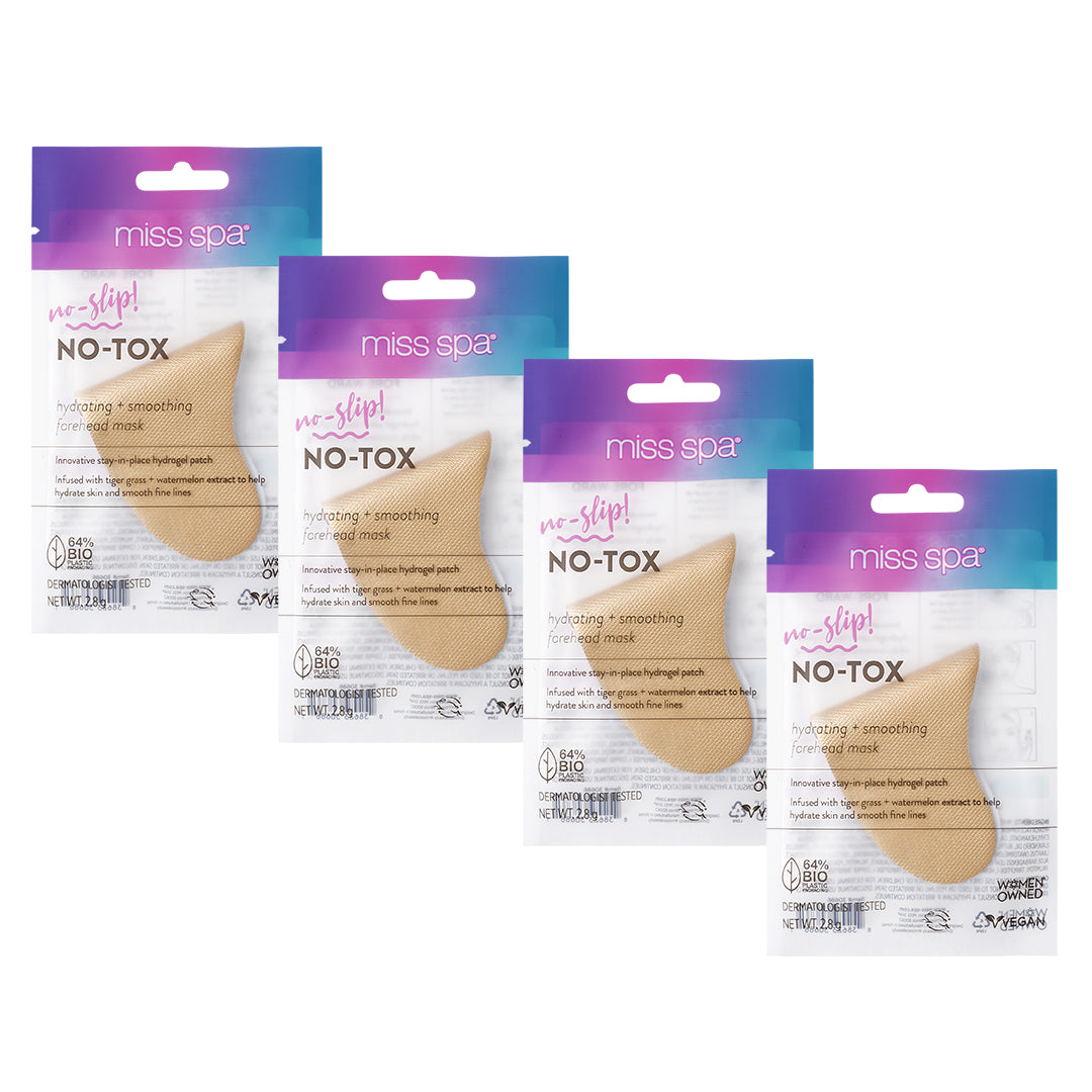 Four packaged 'No-Tox Forehead Masks' patches for forehead wrinkles and fine lines