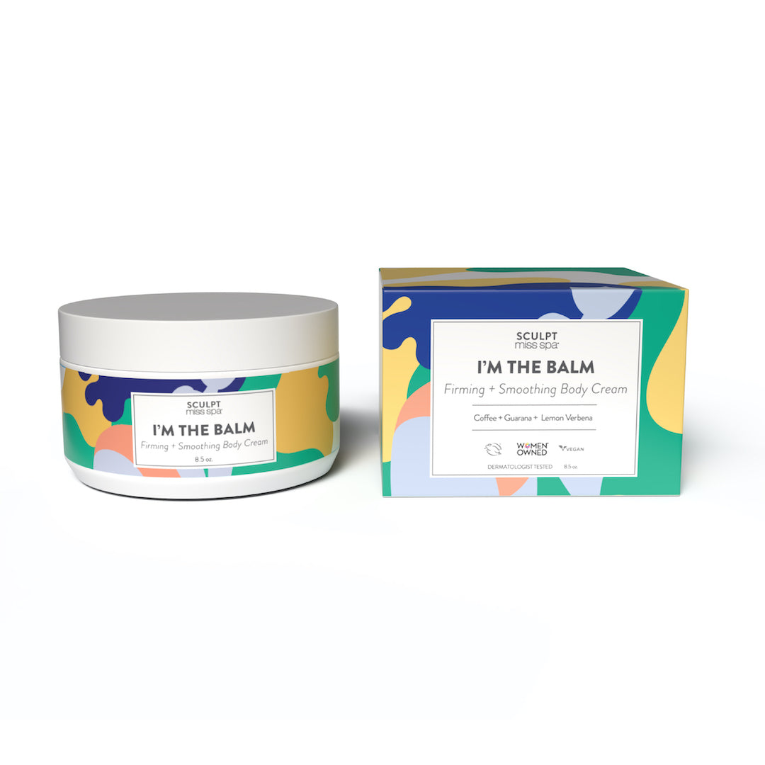 A jar of 'I'm The Balm' firming body cream by Sculpt, with its colorful packaging, indicating that it contains coffee, guarana, and lemon verbena for firming and smoothing skin.