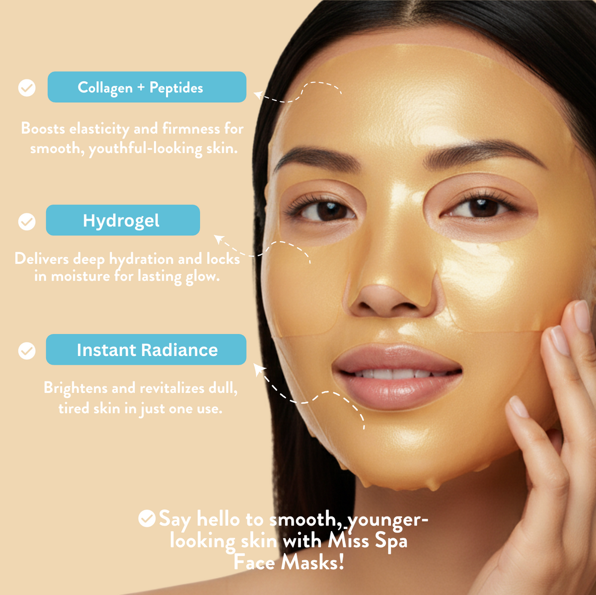 Woman wearing a gold face mask with text about collagen, peptides, hydrogel, and instant radiance.