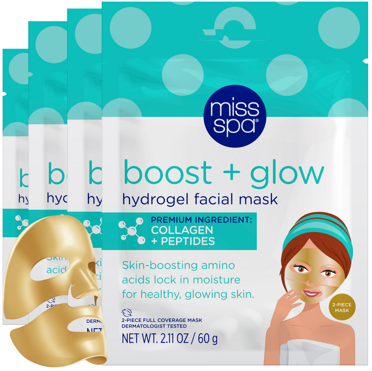 women wearing miss spa boost + glow hydrogel facial mask 