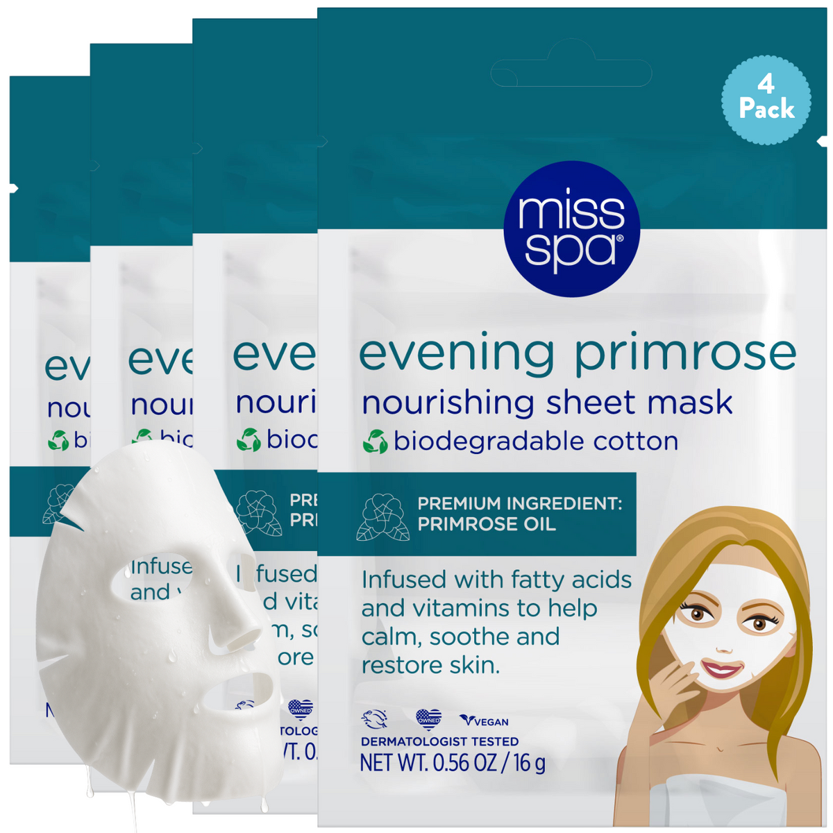 Packaging of miss spa evening primrose nourishing sheet mask with a woman applying the mask on her face.