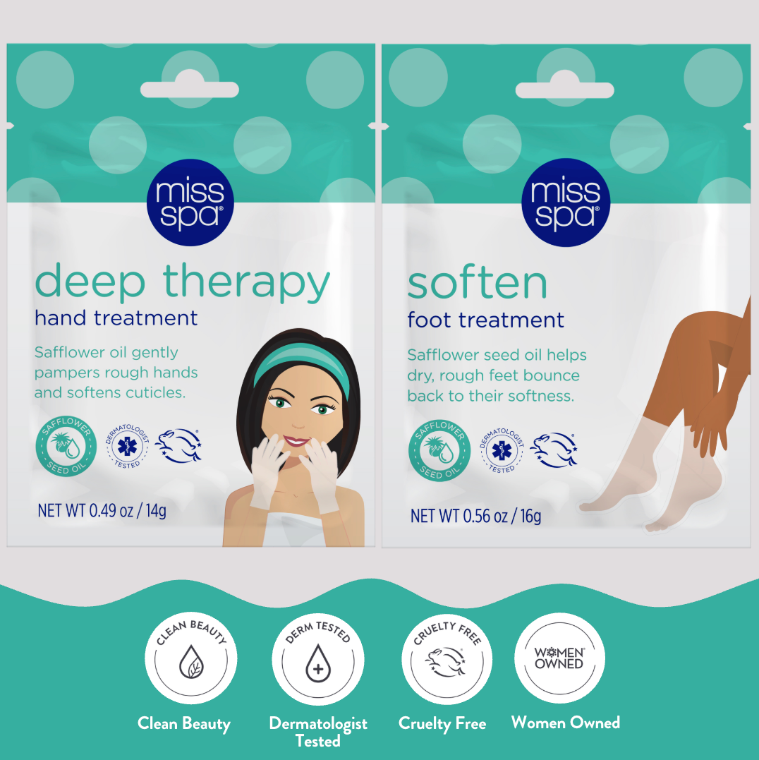 Two packages of miss spa hand and foot treatments with product descriptions and branding.